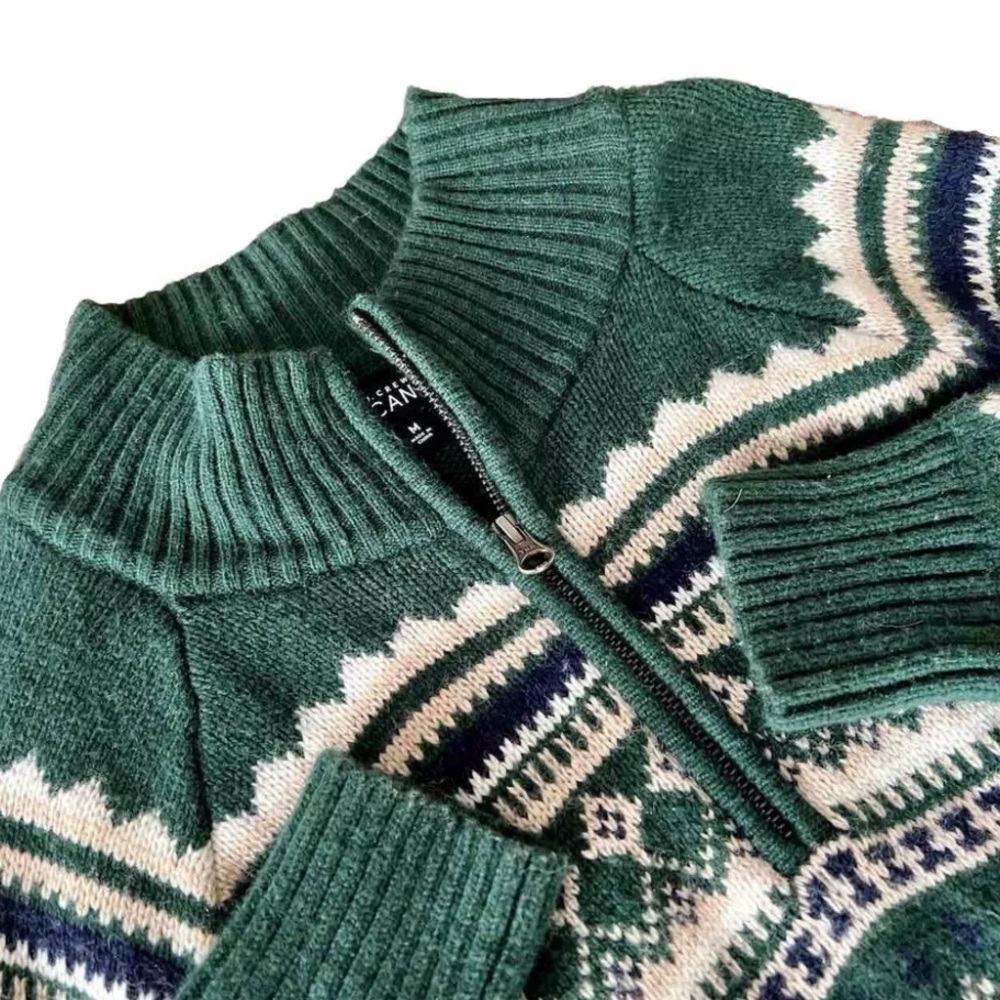 J Crew Mercantile Sweater Mens Medium Lambs Wool Blend 1/4 Zip Green Mock Neck
